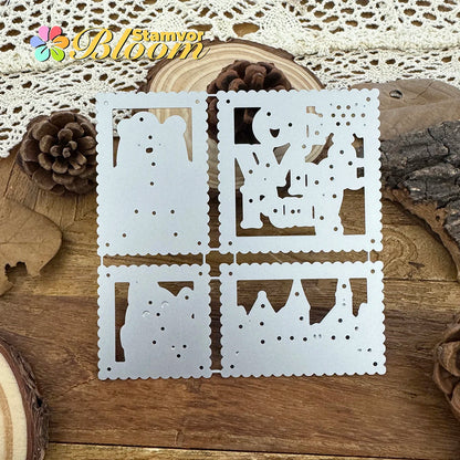 Snijmal kerstbeer en pinguïn dorp met postzegel en frame motieven