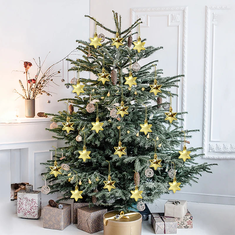 Kerstboom ornamenten gouden, rode of zilveren sterren set van 12 kerstballen hangdecoratie
