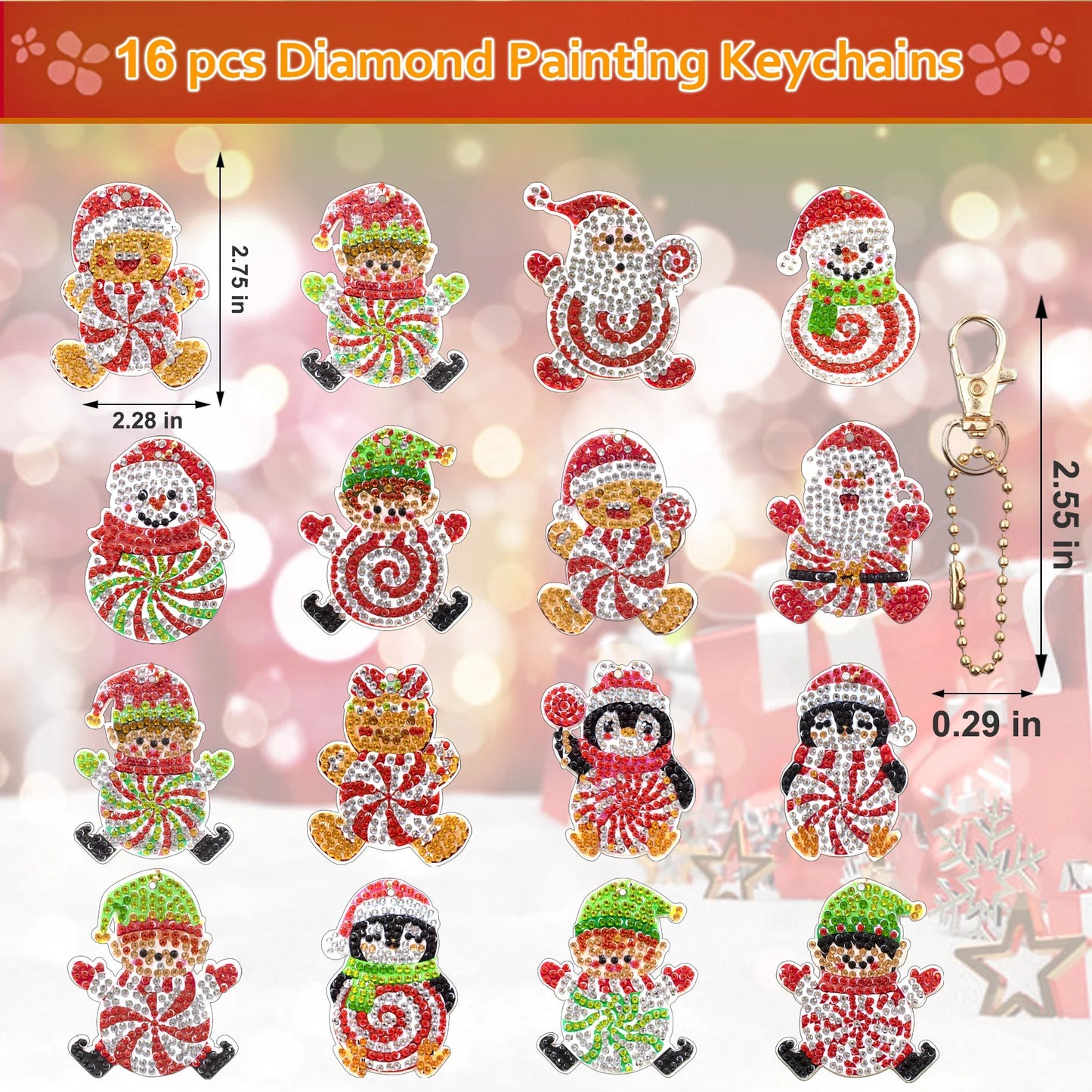 Diamond Painting Kerst Sleutelhangers 16-delig met pinguïns, kerstman en meer