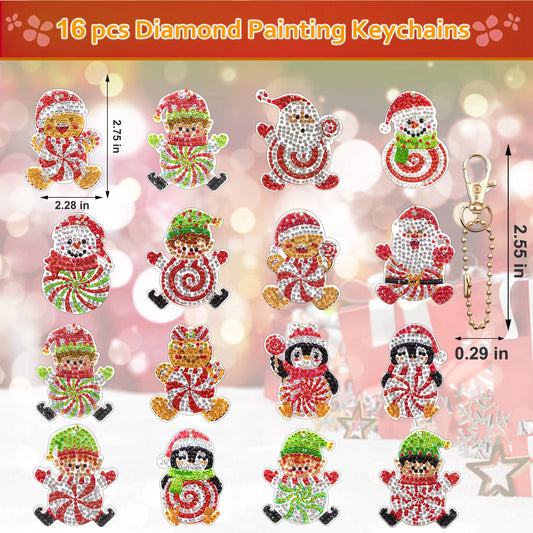 Diamond Painting Kerst Sleutelhangers 16-delig met pinguïns, kerstman en meer