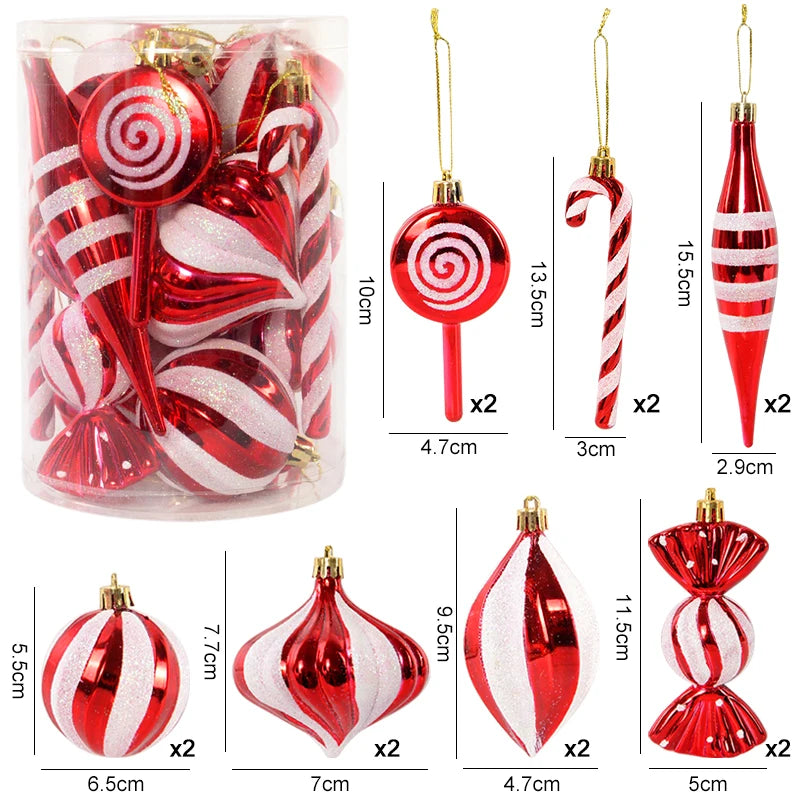 Kerstboom ornamenten rode kerstballen en zuurstok hangers set 14 stuks