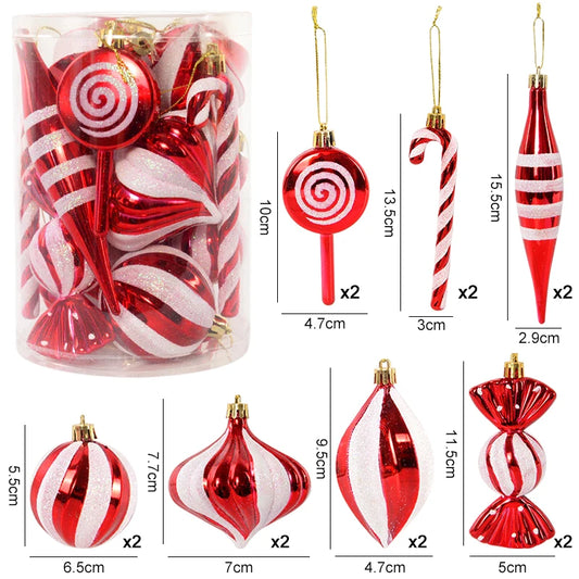 Kerstboom ornamenten rode kerstballen en zuurstok hangers set 14 stuks