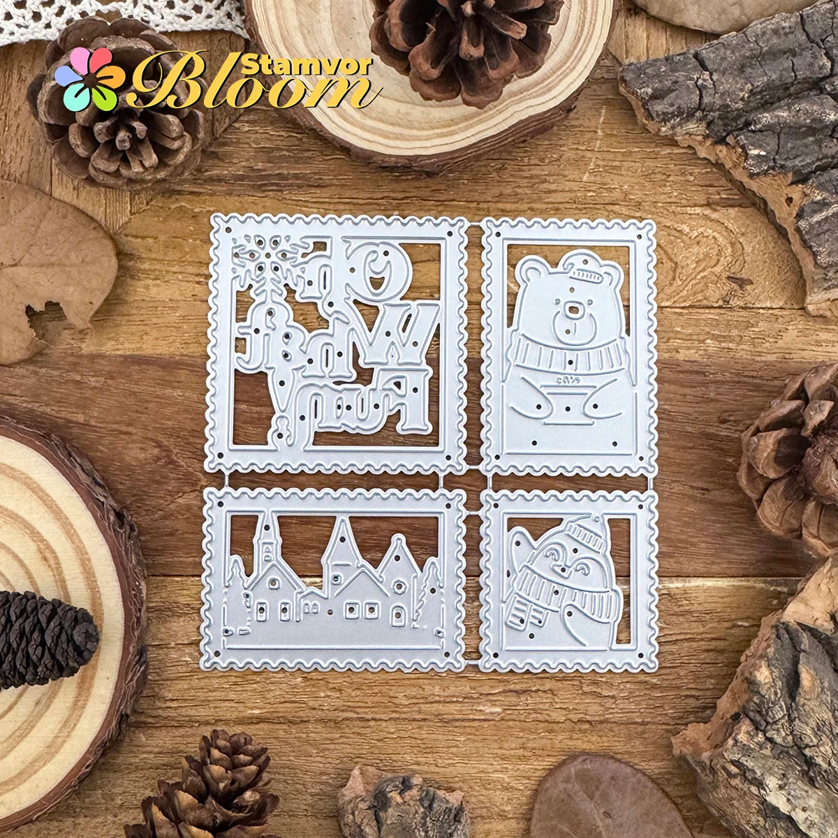 Snijmal kerstbeer en pinguïn dorp met postzegel en frame motieven