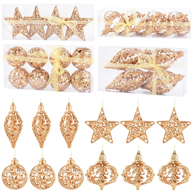 Kerstballen set goud met holle ster hangers voor kerstboomdecoratie