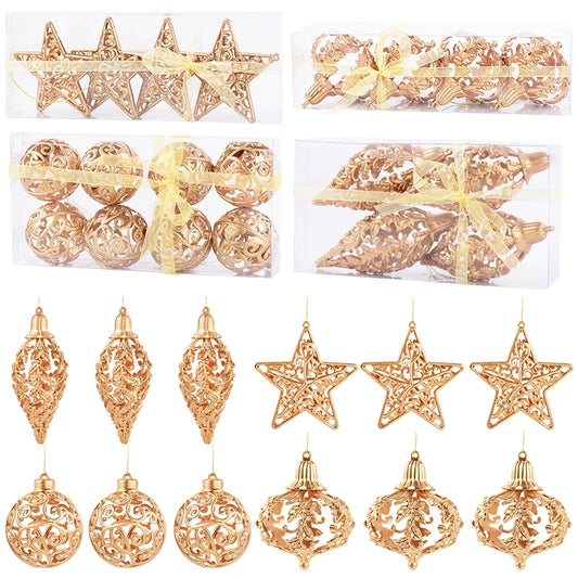 Kerstballen set goud met holle ster hangers voor kerstboomdecoratie