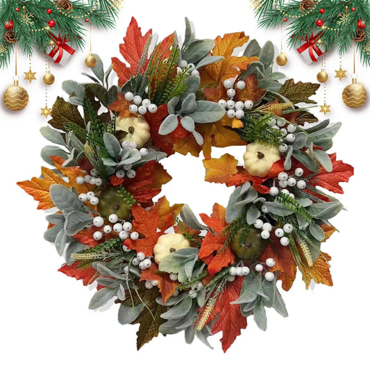 Kerst krans met pompoen bessen en herfstbladeren voor deurdecoratie