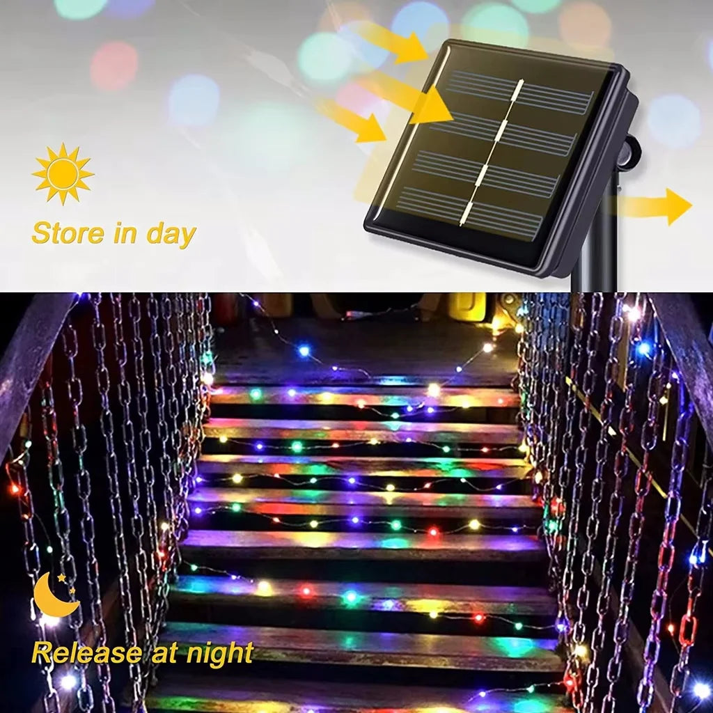 Solar Kerstverlichting multicolor buiten – koperkleurige draad met 8 lichtstanden
