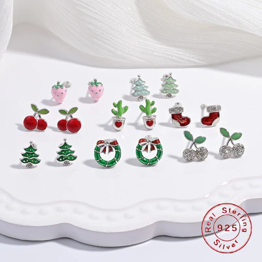 Zilveren Kerst oorbellen kerstboom kers aardbei studs feestelijke accessoires