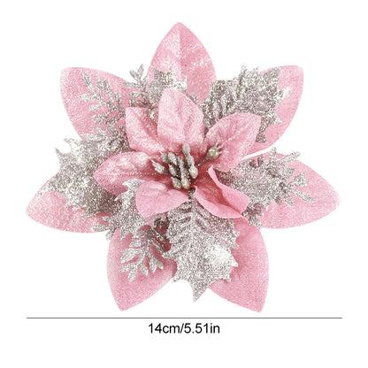 Kerst ornament voor in Kerstboom glitterbloemen goud 14,5 cm set van 5 stuks