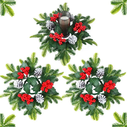 Kerst krans met rode bessen en kaarshouder voor sfeervolle tafeldecoratie