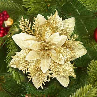 Kerstboom ornamenten glitter bloemen 14cm kerstdecoratie set