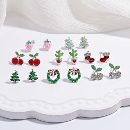 Zilveren Kerst oorbellen kerstboom kers aardbei studs feestelijke accessoires