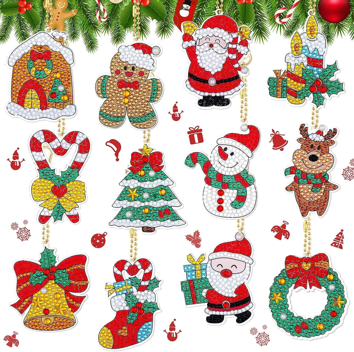 Diamond Painting Kerst Sleutelhangers 12 stuks met kristallen strass