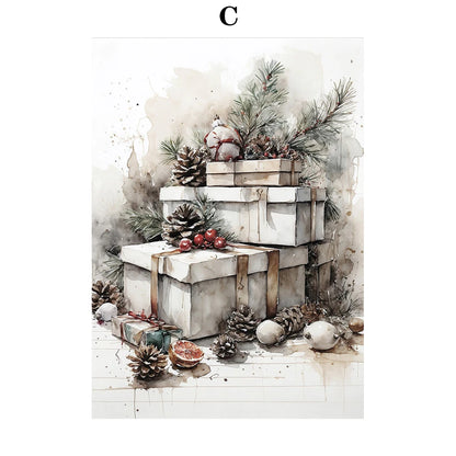 Kerst schilderij met kerstman, sneeuwpop, rendier en arrenslee wintertafereel