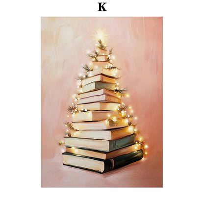 Kerst schilderij roze strik cadeau kerstboom sneeuwhuis slee poster