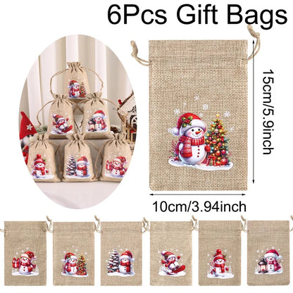 Kerst cadeauverpakking linnen trekkoord zakjes set van 6 stuks