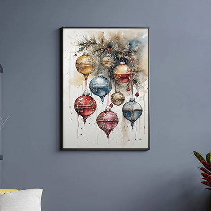Kerst schilderij met kerstman, sneeuwpop, rendier en arrenslee wintertafereel