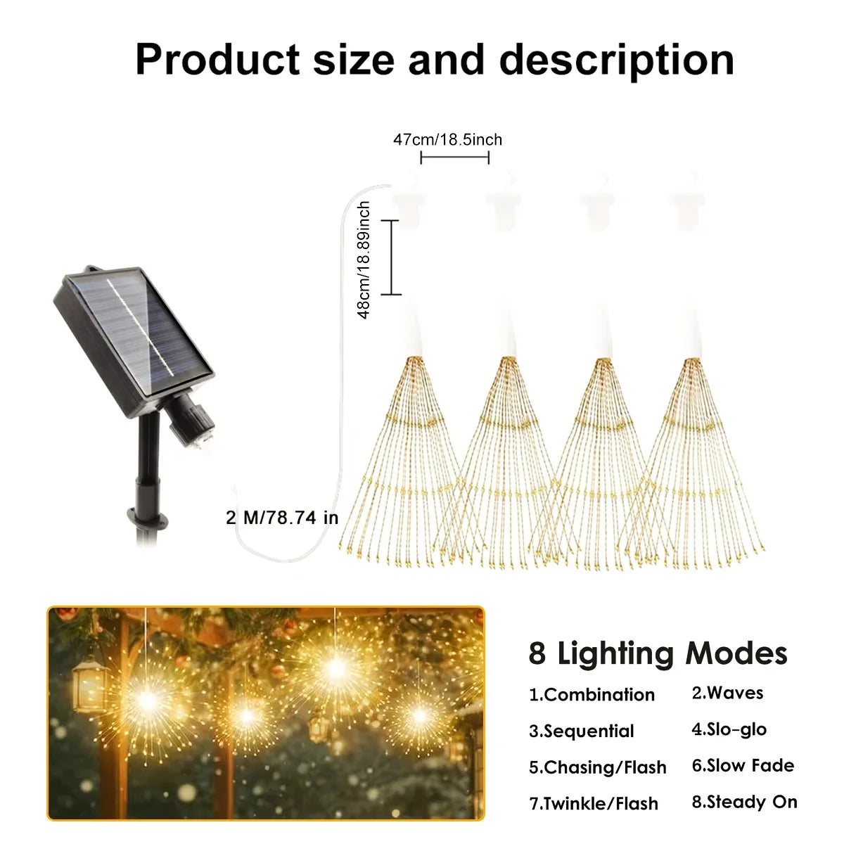 Solar Kerstverlichting Hangende Vuurwerklamp 480LED Waterdicht met 8 Lichtstanden