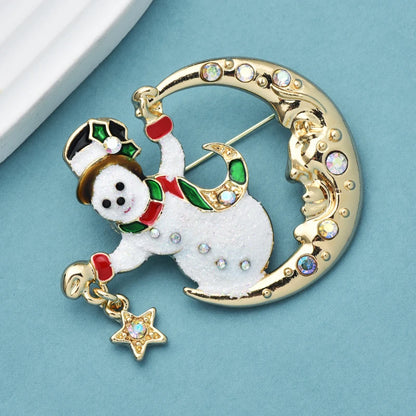 Broche Kerst | Romantische Sneeuwpop met Ster en Maan – Feestelijke Speld