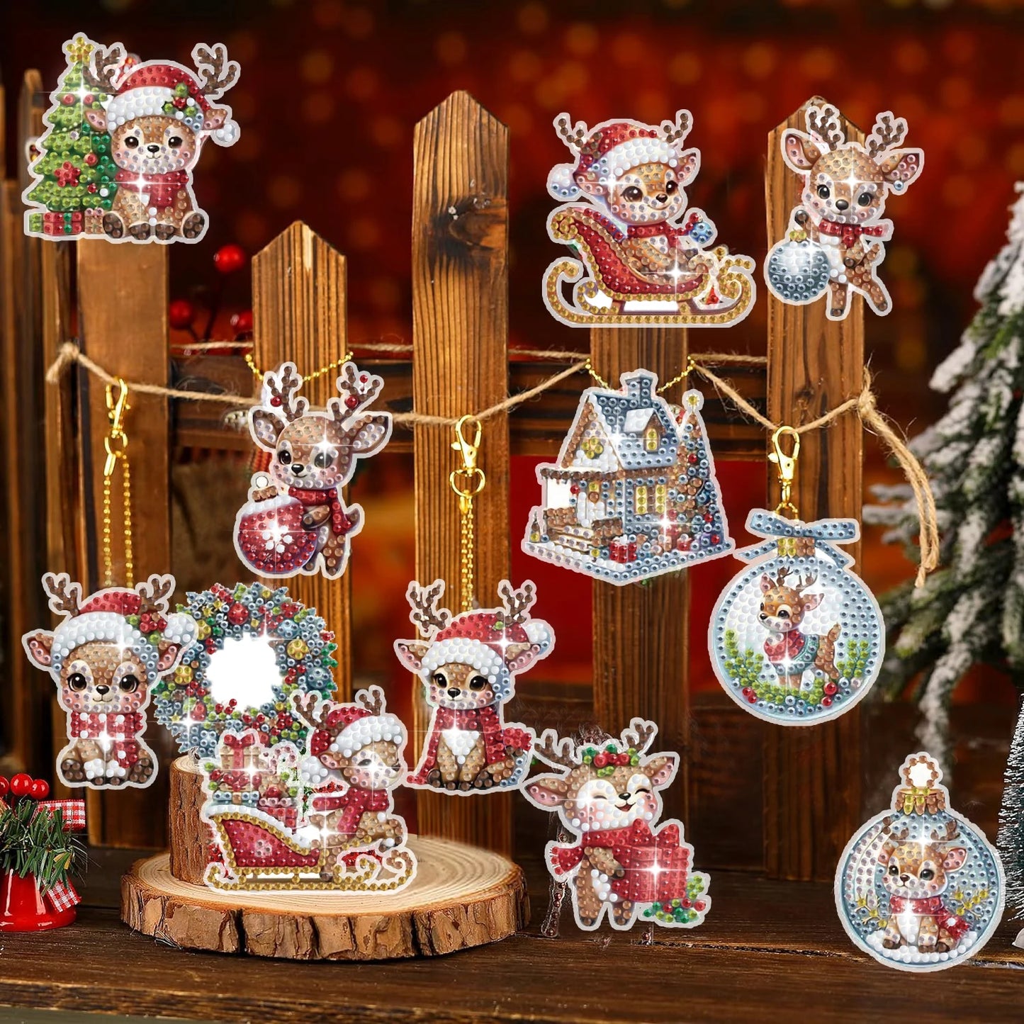 Diamond Painting Sleutelhanger set - 12 Kerst herten ontwerpen