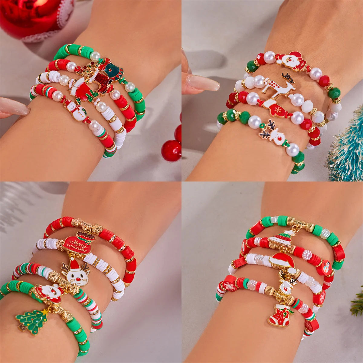 Kerst armband set met kerstboom rendier en kerstman kralen (4 stuks)