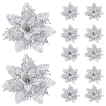 Kerstboom ornament glitter bloemen set 14cm kerstdecoratie