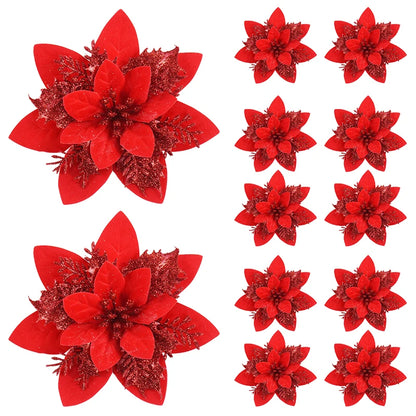 Kerstboom ornament glitter bloemen set 14cm kerstdecoratie