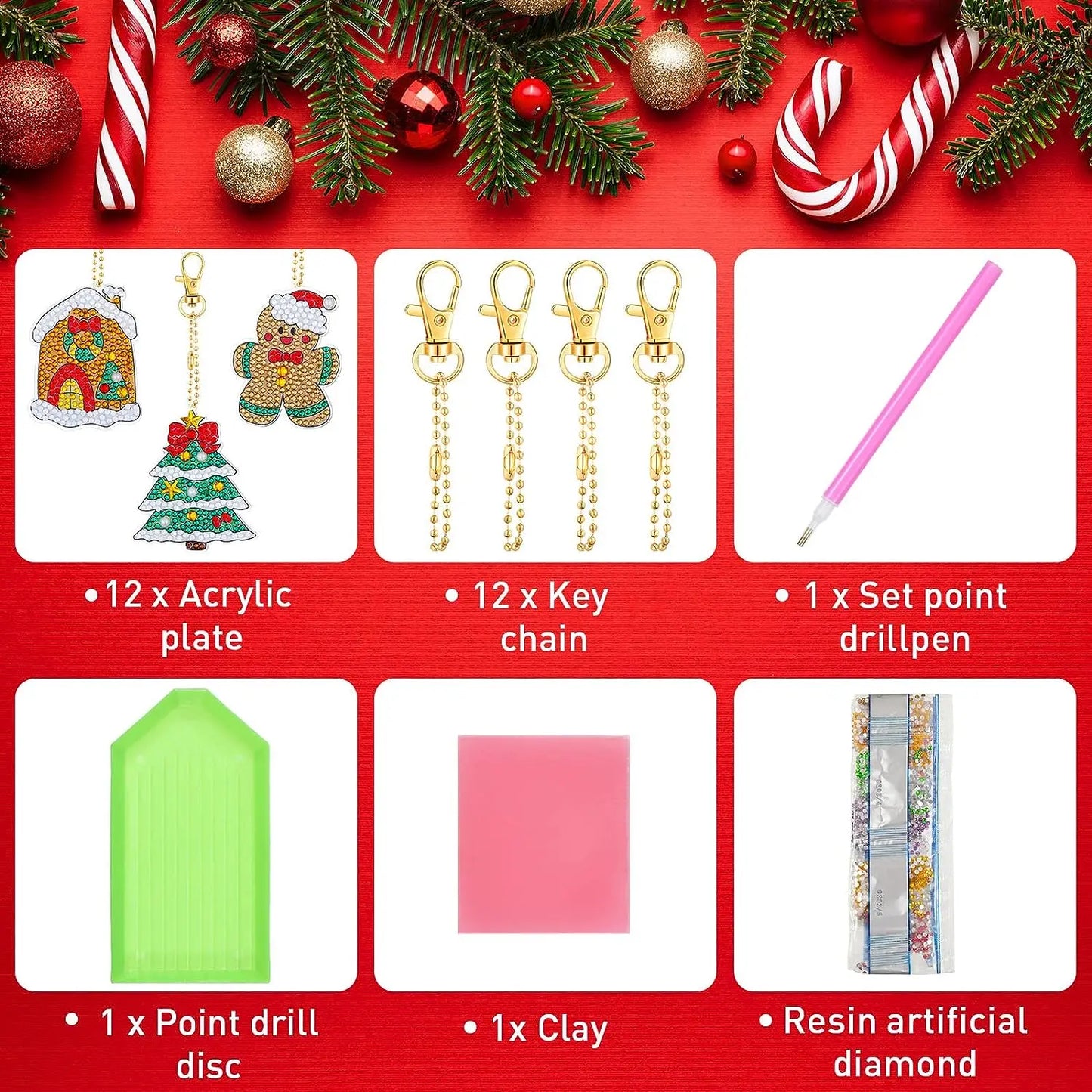Diamond Painting Kerst Sleutelhangers 12 stuks met kristallen strass