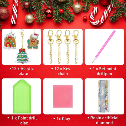 Diamond Painting Kerst Sleutelhangers 12 stuks met kristallen strass