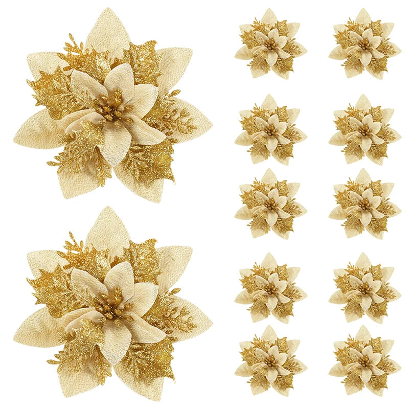 Kerstboom ornament glitter bloemen set 14cm kerstdecoratie