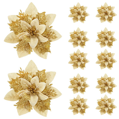 Kerstboom ornament glitter bloemen set 14cm kerstdecoratie