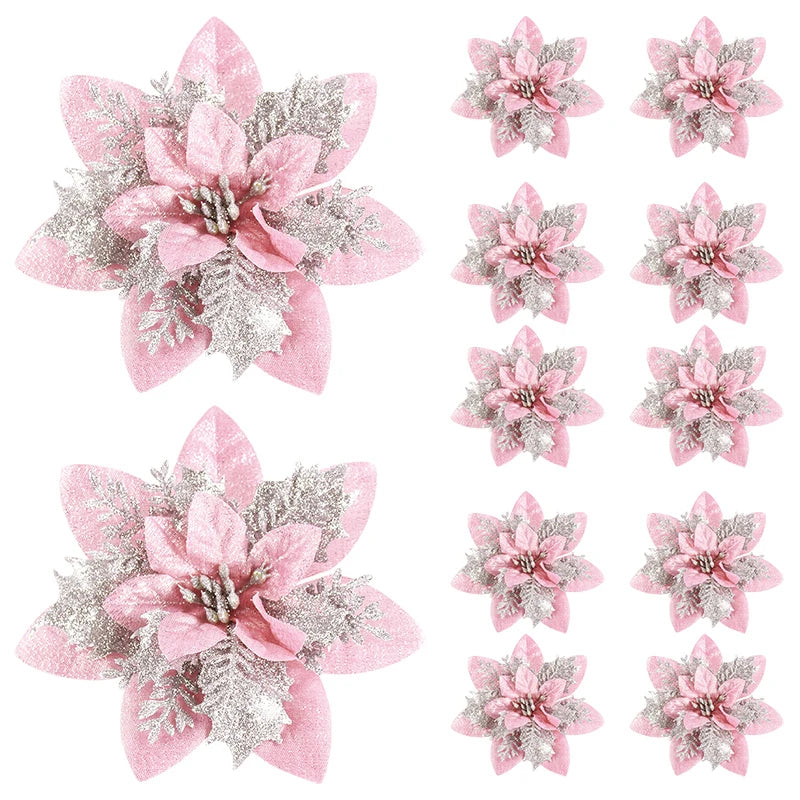 Kerstboom ornament glitter bloemen set 14cm kerstdecoratie