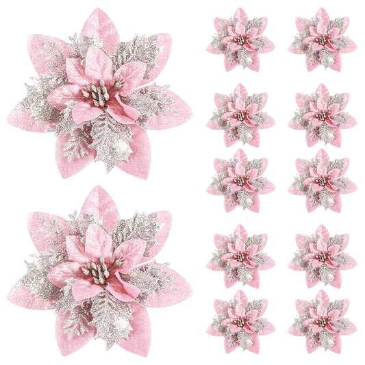 Kerstboom ornament glitter bloemen set 14cm kerstdecoratie