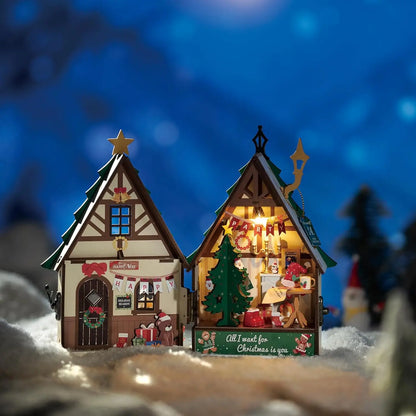 Zelfbouw miniatuur huisje met kersthaard – knus wintertafereel