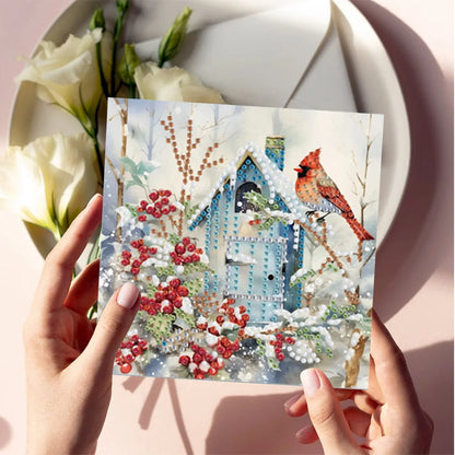 Diamond Painting Kerstkaarten set vogels en huisjes – creatieve wenskaarten