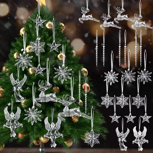 Set kersthangers kristallen sneeuwvlokken en ijspegels – transparante decoratie