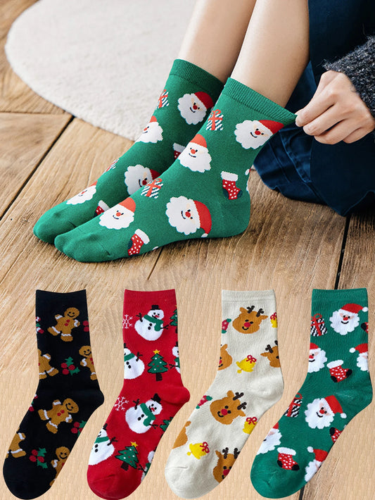 Kerstsokken set dames 4 paar met kerstman, sneeuwpop en dierenmotief