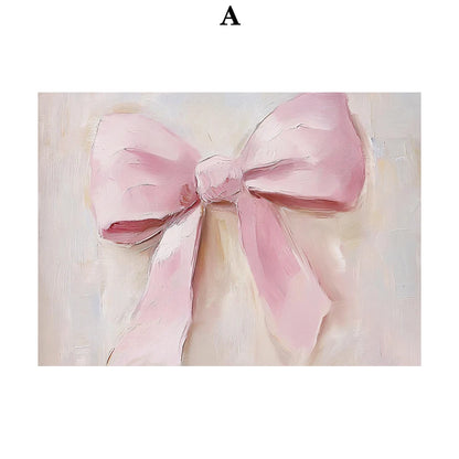 Kerst schilderij roze strik cadeau kerstboom sneeuwhuis slee poster