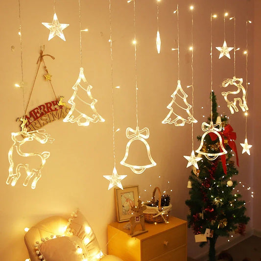 Kerst lichtgordijn rendier, bel en Kerstboom gordijnverlichting LED sfeerverlichting