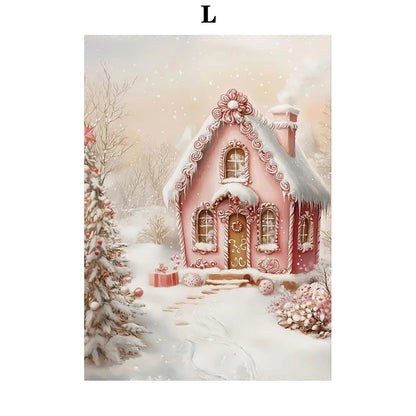 Kerst schilderij roze strik cadeau kerstboom sneeuwhuis slee poster