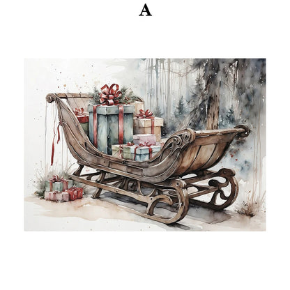 Kerst schilderij met kerstman, sneeuwpop, rendier en arrenslee wintertafereel