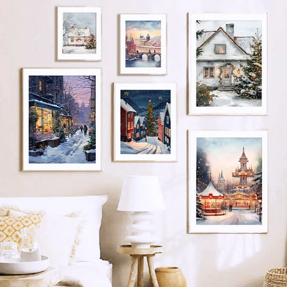 Kerst schilderij romantische winteravond in Parijs met sneeuw en kerstboom