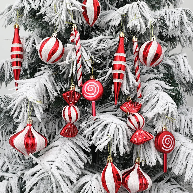 Kerstboom ornamenten rode kerstballen en zuurstok hangers set 14 stuks