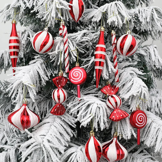 Kerstboom ornamenten rode kerstballen en zuurstok hangers set 14 stuks
