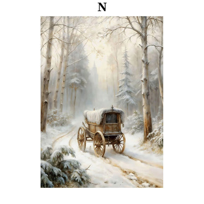 Kerst schilderij met kerstman, sneeuwpop, rendier en arrenslee wintertafereel