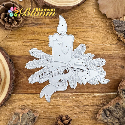 Snijmal Kerst kaars met dennetakken en strikken voor kaarten maken