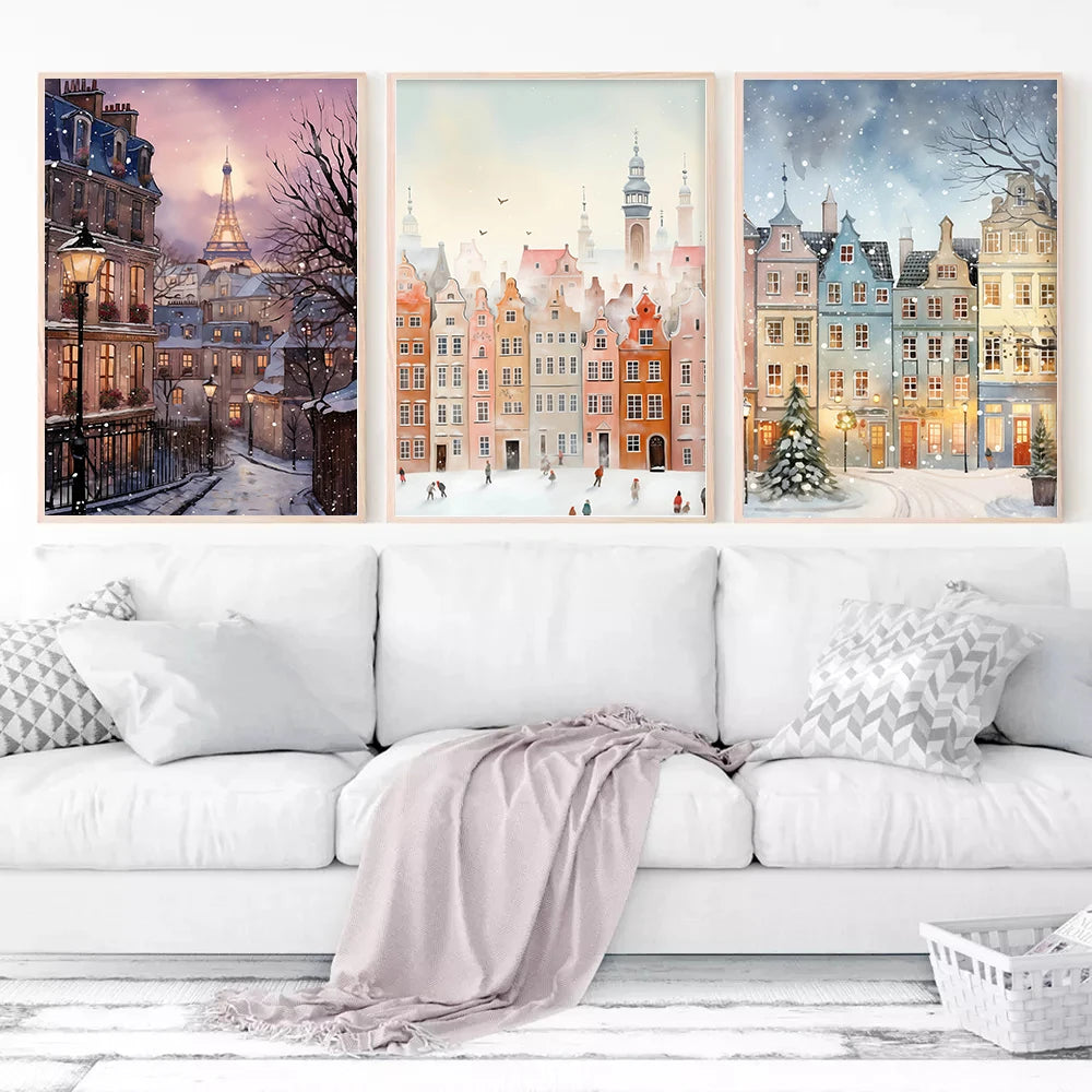 Kerst schilderij romantische winteravond in Parijs met sneeuw en kerstboom