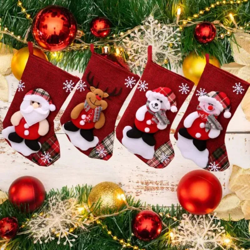 Kerst sok (decoratief) set van 4 – Santa, sneeuwman, rendier en beer pluche
