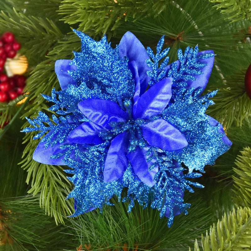 Kerstboom ornamenten glitter bloemen 14cm kerstdecoratie set
