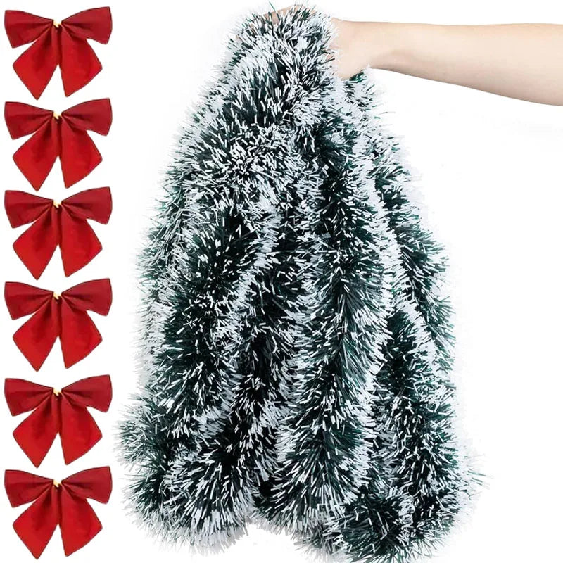 Kerst Guirlande met Strik en Glanzend Lint – Groene Decoratieve Slinger voor Boom, Krans en Feestdecoratie